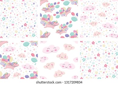 set pattern with flying unicorn holds colorful balls in its mouth. cute cloud characters, heart pierced by an arrow, stars and flowers on white background. Dreaming unicorn. 