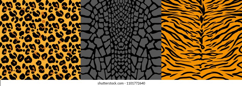 Set pattern graphic design with wild animal skins: Tiger, leopard, snake. Modern vector illustration.