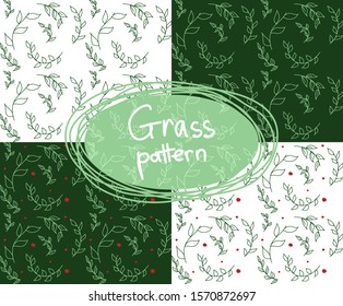 Set of pattern with grass, flower. Floral vector illustration, isolated white background