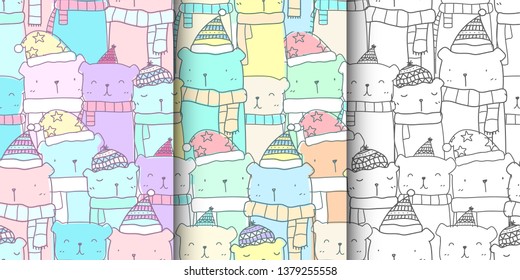 Set of pattern with hand drawn cute bear family in pastel color. Kawaii bear background for kid fabric pattern, baby wallpaper, nursery, wrapping paper, scrapbook and packaging design