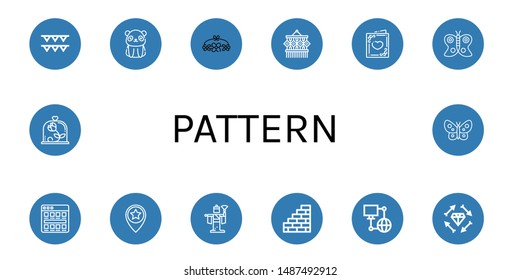 Set of pattern icons such as Garlands, Panda bear, Flower crown, Macrame, Wedding card, Butterfly, Tiles, Star, Kabuki, Wall, Network, Boho, Rose