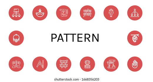 Set of pattern icons. Such as Network, Diwali, Letter, Garlands, Roses, Butterfly, Punk, Hamsa, Amulet, Cocoon , pattern icons