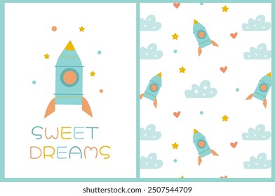 set of pattern and illustration with rocket and stars for children's collection