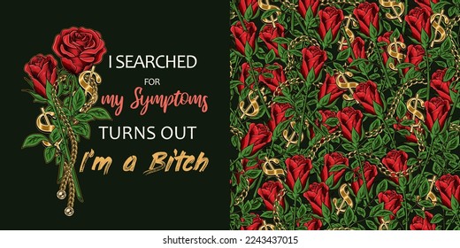 Set of pattern, label with bouquet of vintage red roses, golden ball chains, dollar sign, quote. For T-shirt, clothing design