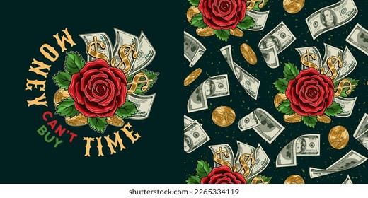 Set with pattern, label with cash money, red rose with leaves, coins, dollar sign, text Money can't buy time. Creative illustration in vintage style for prints, clothing, surface design.