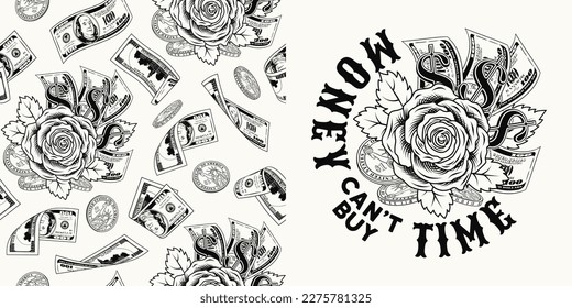 Set with pattern, label with cash money, rose made of 100 US dollar bills, coins, dollar sign, text. Monochrome illustration in vintage style for prints, clothing, tattoo, surface design on white