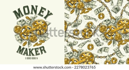 Set with pattern, label with cash money, 100 US dollar bills, gold coins, gears, text Money Maker. Creative concept of making money. For prints, clothing, apparel, surface design.