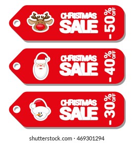 Set pattern for label Christmas sale with Santa Claus, deer and snowman isolated on white background. Cartoon style. Vector illustration