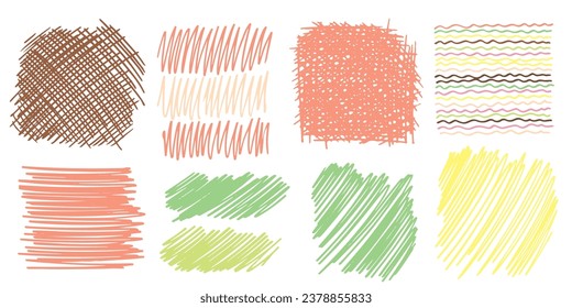 Set Pattern, line hand drawn texture. Hatch drawing pen ink crosshatch pencil sketch. Doodle scratch style. Candy pastel shape isolated on white background. Vintage graphic design Vector illustration