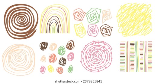 Set Pattern, line hand drawn texture. Hatch drawing pen ink crosshatch pencil sketch. Doodle scratch style. Candy pastel shape isolated on white background. Vintage graphic design Vector illustration