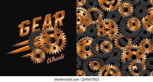 Set of pattern, logo with gears, text in steampunk style. Dynamic motion of gears. Copper and black cast iron gear wheels. For T-shirt, clothing, fabric, surface design