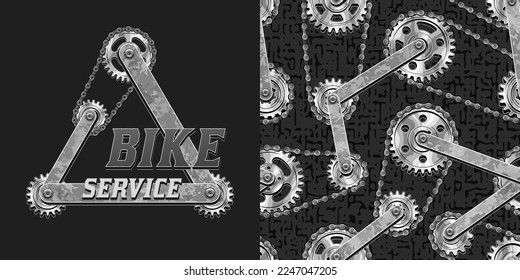 Set of pattern, logo with silver steel gears, bike chains. Steampunk style. For repair bike service companies