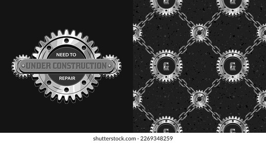 Set of pattern, logo with silver steel gears, rivets, text in steampunk style. Pattern with classic square grid of rough steel chains. For T-shirt, clothing, fabric, surface design