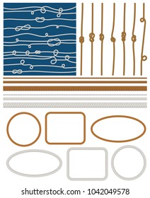 Set of pattern with marine rope knots in different directions. Knot of ropes of sea water transport. Military fleet, sailing on ship, boat, ship. Vector illustration. Isolated on white background