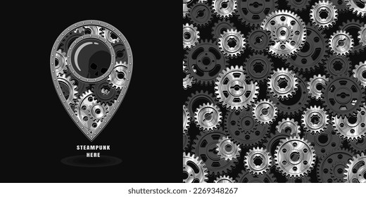 Set of pattern, pin icon in steampunk style with black, silver steel gears. For T-shirt, clothing, fabric, surface design