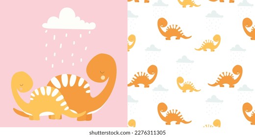 A set of pattern and postcard. Postcard with dinosaurs. Mother and baby dinosaur. Cute dinosaurs