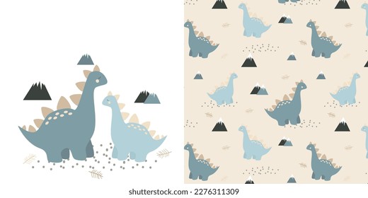 A set of pattern and postcard. Postcard with dinosaurs. Mother and baby dinosaur. Cute dinosaurs