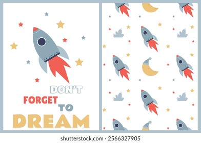 a set of a pattern and a postcard with a motivational phrase for little dreamers with a rocket and a starry sky