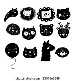 Set - Pattern Scandinavian kids doodles elements set of cute monochrome wild faces hand drawn animals faces white & black characters. Anteater, hedgehog, lion, cat, bear, lama, deer, dog, owl, ballon.