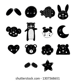Set - Pattern Scandinavian kids doodles elements set of cute monochrome wild faces hand drawn animals faces white & black characters. Hands, fish, rabbit, bear, girl, monkey, heart, moon, cloud, star.