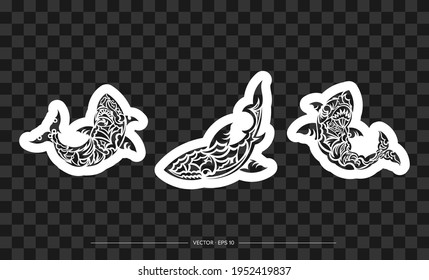 Conjunto de tiburones patrón al estilo maorí. Ilustración del vector