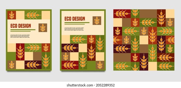 Set with pattern, templates for cover, banner, flyer with ears of rye, rectanlges in simple geometric style. Good for cereal products decoration. Eco style. Vector