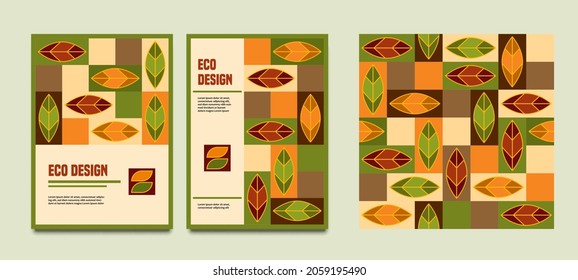 Set with pattern, templates for cover, banner, flyer with autumn leaves, rectanlges in simple geometric style. Good for bio products decoration. Eco style. Vector set