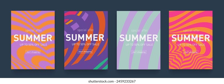 Set Pattern Trendy Liquid Retro 1970 Trippy with Blue, Green, Orange, Red Colors. Fluid Background for Cover, Banner, Poster, Postcard, Brochure. Modern Memphis Seamless Lines. Vector illustration.