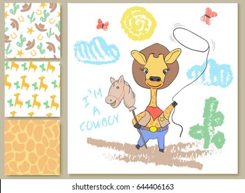 Set pattern and vector illustration with hand drawn cartoon little giraffe cowboy. Can be used for baby fashion print design, kids wear, baby shower celebration, greeting and invitation card.
