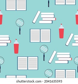 set pattern vector with school supplies. flat pattern image with magnifying glass, marker, book