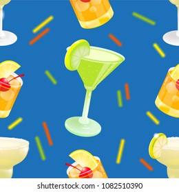 Set pattern wallpaper of blue summer abstract background pictures with fresh ice frozen alcoholic cocktails advertising business bar restaurant party beach club Modern vector illustration.