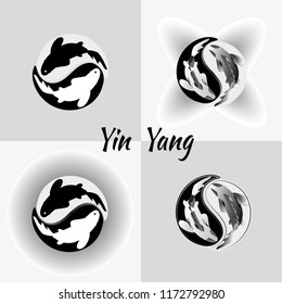 Set pattern of Yin Yang Koi fish isolated illustrations. Vector drawing, Cyprinus Carpio in symbol.