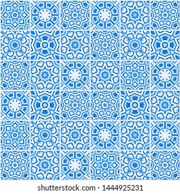 Set of patterned azulejo floor tiles. Abstract geometric background. Vector illustration, seamless pattern. Portuguese floor tiles design. Floor cement tiles collection