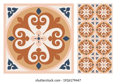 Set of patterned azulejo floor tiles. Abstract geometric background. Vector illustration, seamless mediterranean pattern. Portuguese floor tiles azulejo design. Floor cement talavera tiles collection