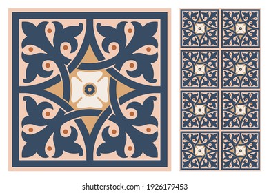 Set of patterned azulejo floor tiles. Abstract geometric background. Vector illustration, seamless mediterranean pattern. Portuguese floor tiles azulejo design. Floor cement talavera tiles collection