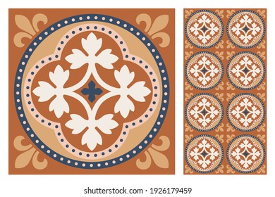 Set of patterned azulejo floor tiles. Abstract geometric background. Vector illustration, seamless mediterranean pattern. Portuguese floor tiles azulejo design. Floor cement talavera tiles collection