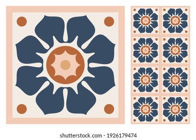 Set of patterned azulejo floor tiles. Abstract geometric background. Vector illustration, seamless mediterranean pattern. Portuguese floor tiles azulejo design. Floor cement talavera tiles collection