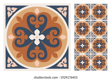 Set of patterned azulejo floor tiles. Abstract geometric background. Vector illustration, seamless mediterranean pattern. Portuguese floor tiles azulejo design. Floor cement talavera tiles collection