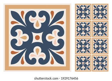 Baldosas de azulejos estampados. Fondo geométrico abstracto. Ilustración vectorial, patrón mediterráneo sin fisuras. Diseño de azulejos en el suelo portugués. Colección de azulejos de talavera de cemento del suelo