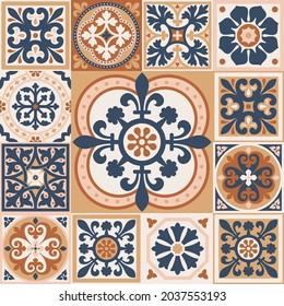 Set of patterned azulejo floor tiles. Abstract geometric background. Vector illustration, seamless mediterranean pattern. Portuguese floor tiles azulejo design. Floor cement talavera tiles collection