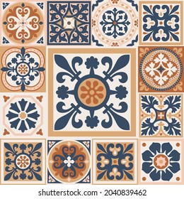 Set of patterned azulejo floor tiles. Abstract geometric background. Vector illustration, seamless mediterranean pattern. Portuguese floor tiles azulejo design. Floor cement talavera tiles collection