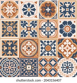 Set of patterned azulejo floor tiles. Abstract geometric background. Vector illustration, seamless mediterranean pattern. Portuguese floor tiles azulejo design. Floor cement talavera tiles collection