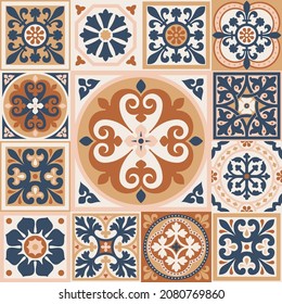 Set of patterned azulejo floor tiles. Abstract geometric background. Vector illustration, seamless mediterranean pattern. Portuguese floor tiles azulejo design. Floor cement talavera tiles collection