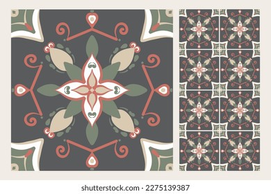 Set of patterned azulejo floor tiles. Abstract geometric background. Vector illustration, seamless mediterranean pattern. Portuguese floor tiles azulejo design. Floor cement talavera tiles collection