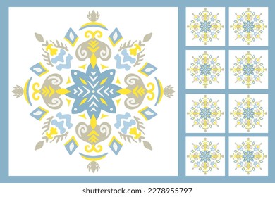 Baldosas de azulejos estampados. Fondo geométrico abstracto. Ilustración vectorial, patrón mediterráneo sin fisuras. Diseño de azulejos en el suelo portugués. Colección de azulejos de talavera de cemento del suelo