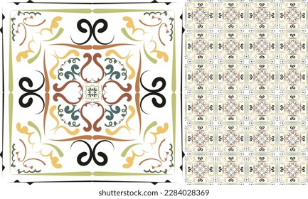 Set of patterned azulejo floor tiles. Abstract geometric background. Vector illustration, seamless mediterranean pattern. Portuguese floor tiles azulejo design. Floor cement talavera tiles collection