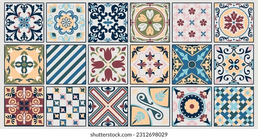 Set aus gemusterten Azulejo-Bodenfliesen. Abstrakter geometrischer Hintergrund. Vektorgrafik, nahtloses mediterranes Muster. Portugiesisches Fliesen Azulejo Design. Kollektion von Bodenzement-Talavera-Fliesen.