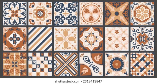 Baldosas de azulejos estampados. Fondo geométrico abstracto. Ilustración vectorial, patrón mediterráneo sin fisuras. Diseño de azulejos en el suelo portugués. Colección de azulejos de talavera de cemento del suelo