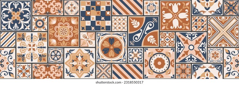 Baldosas de azulejos estampados. Fondo geométrico abstracto. Ilustración vectorial, patrón mediterráneo sin fisuras. Diseño de azulejos en el suelo portugués. Colección de azulejos de talavera de cemento del suelo