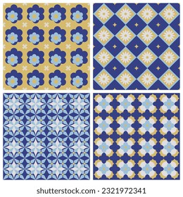 Set of patterned azulejo floor tiles. Abstract geometric background. Vector illustration, seamless pattern. Perfect for printing on fabric or paper. Cement tiles collection.